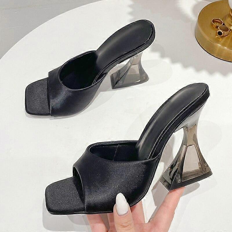 Summer Green Women's Shoes Slippers Silky Wide Band Transparent Strange High Heels Comfortable PU Leather Slides Sandals Pumps
