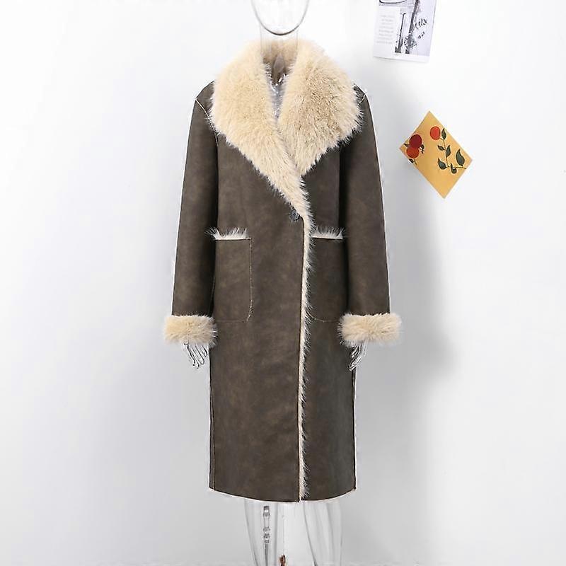 Elegant Women's Suede Fleece Lining Trench Coat Lapel One Button Full Sleeve Long Overcoat Winter Lady Reversible Outwear