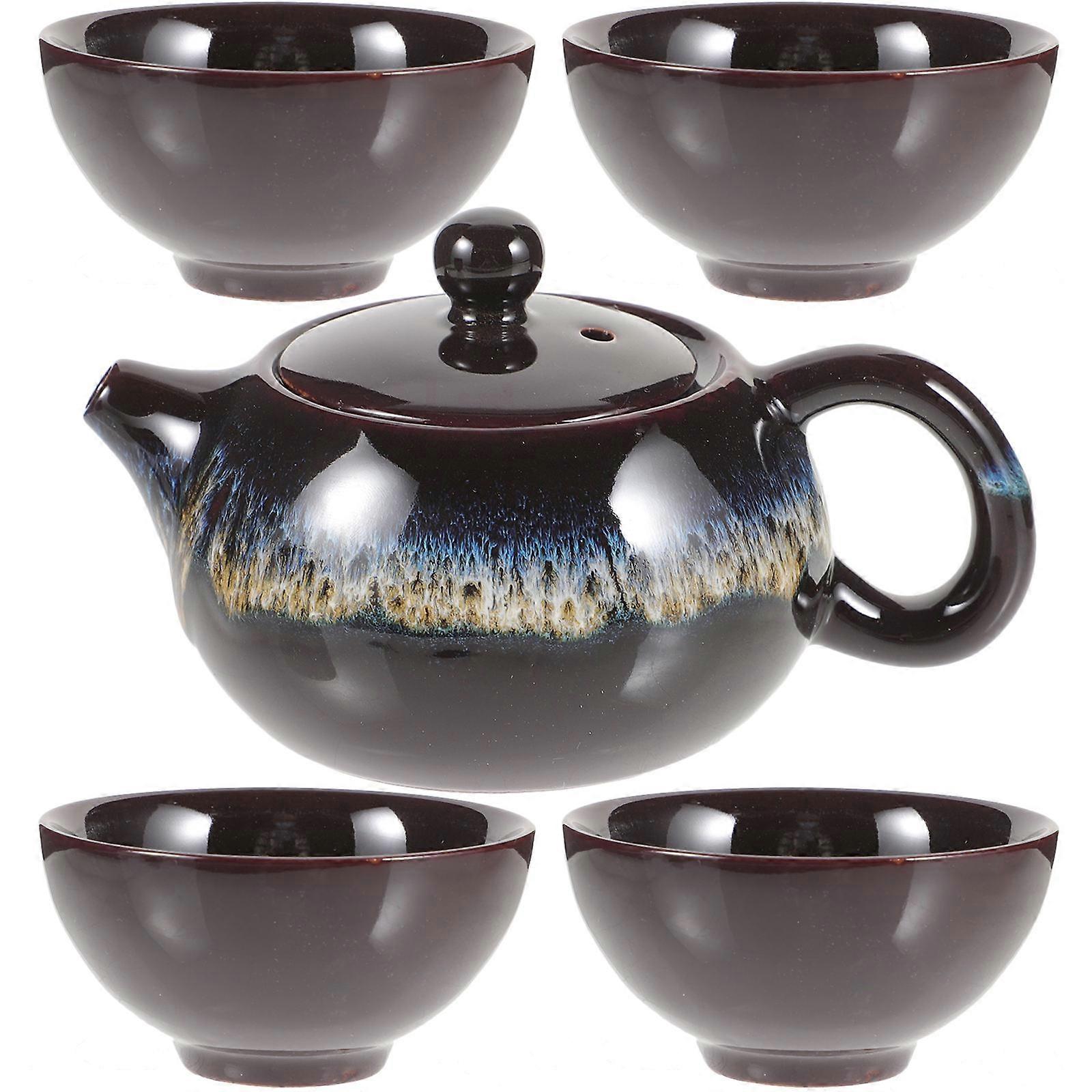 Antique Kiln Glazed Ceramic Tea Set with Teapot and Cups for Loose Leaf Brewing – Elegant Design with Comfortable Grip for Blooming and Kung Fu Tea