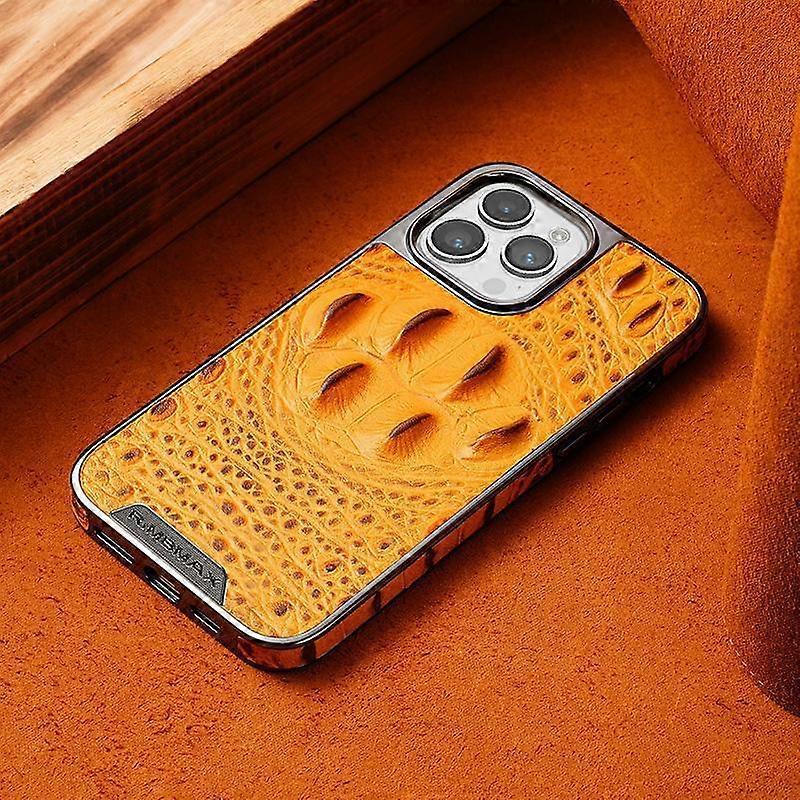 Case For Iphone 13 [champagne Yellow Crocodile Claw Pattern] High-grade Genuine Leather Pattern Full No3664