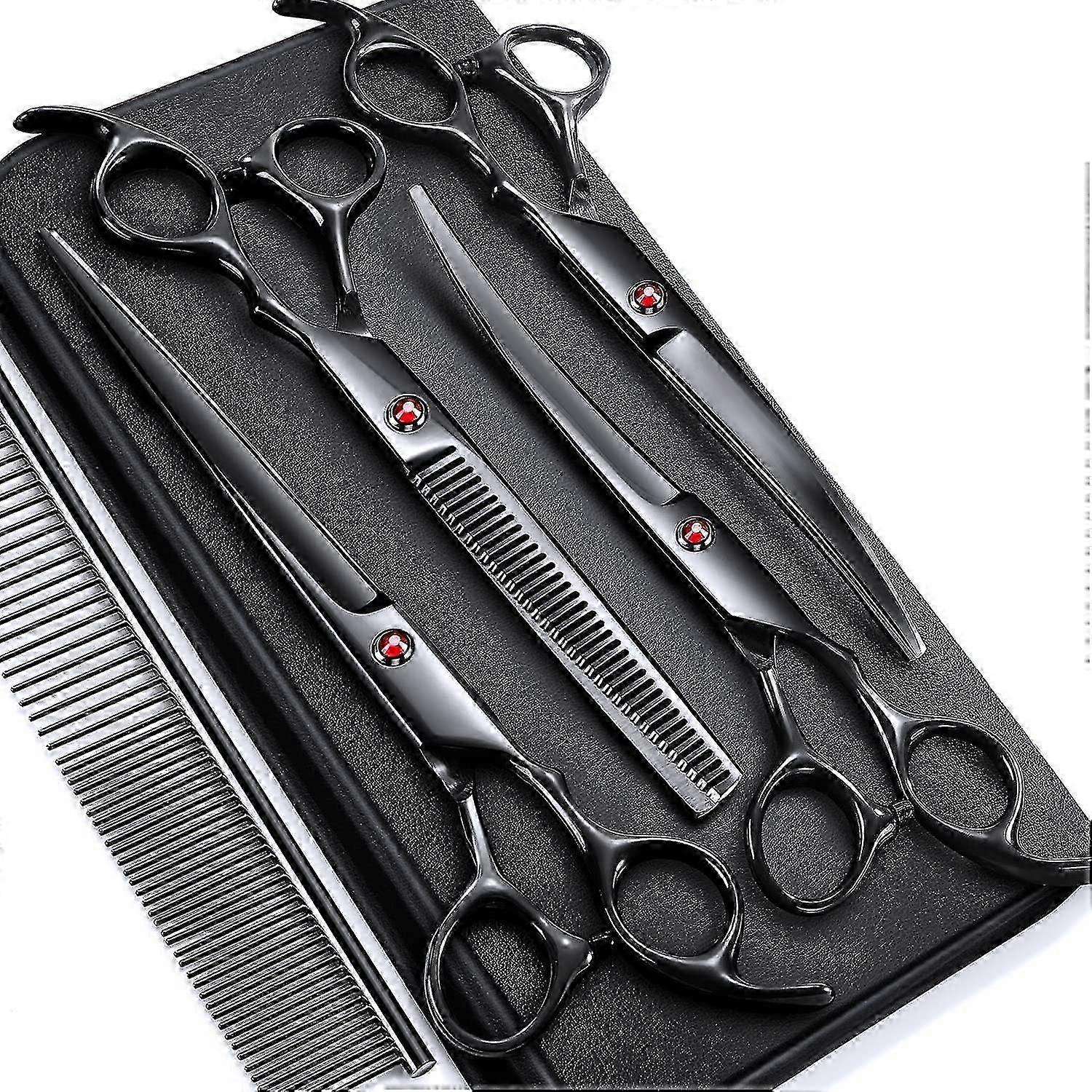 6 في 1 المهنية الكلب الاستمالة مقص كيت، 7.0in الفولاذ المقاوم للصدأ، على التوالي ترقق المقصات المنحنية مشط مجموعة لاستمالة الحيوانات الأليفة