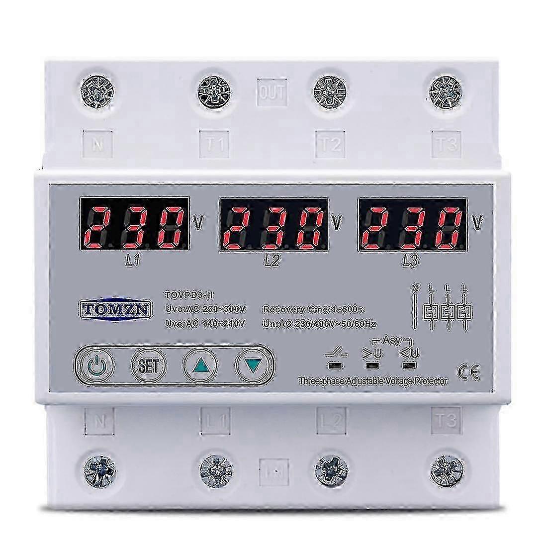 3-Phase Adjustable Over/Under Voltage Protector with Auto Reset, 63A 380V CE Certified