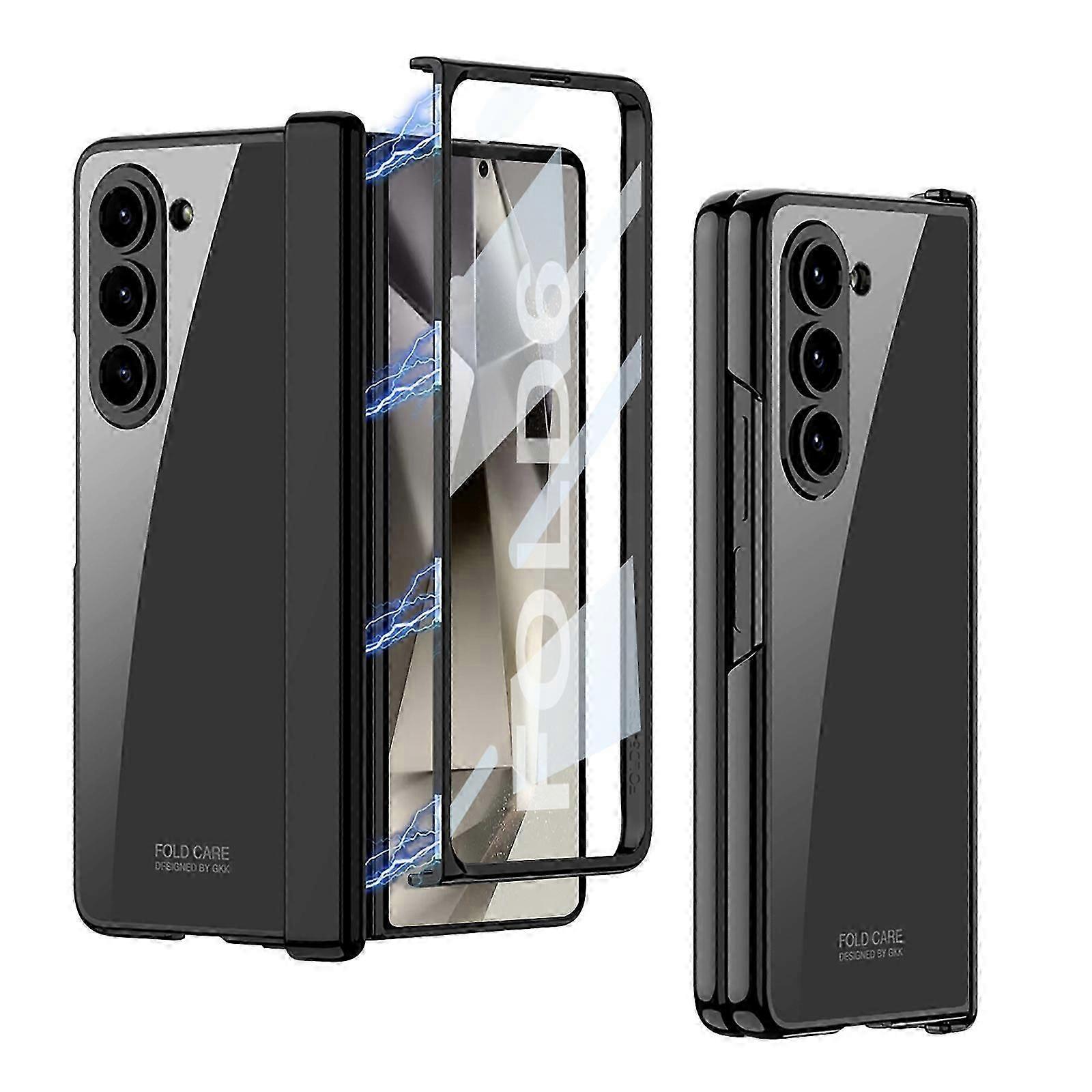 Transparent Plating Case for Samsung Galaxy Z Fold 6 Case with Screen Protector and Magnetic Hinge Protective,Full Protective Shockproof Anti Yellow C