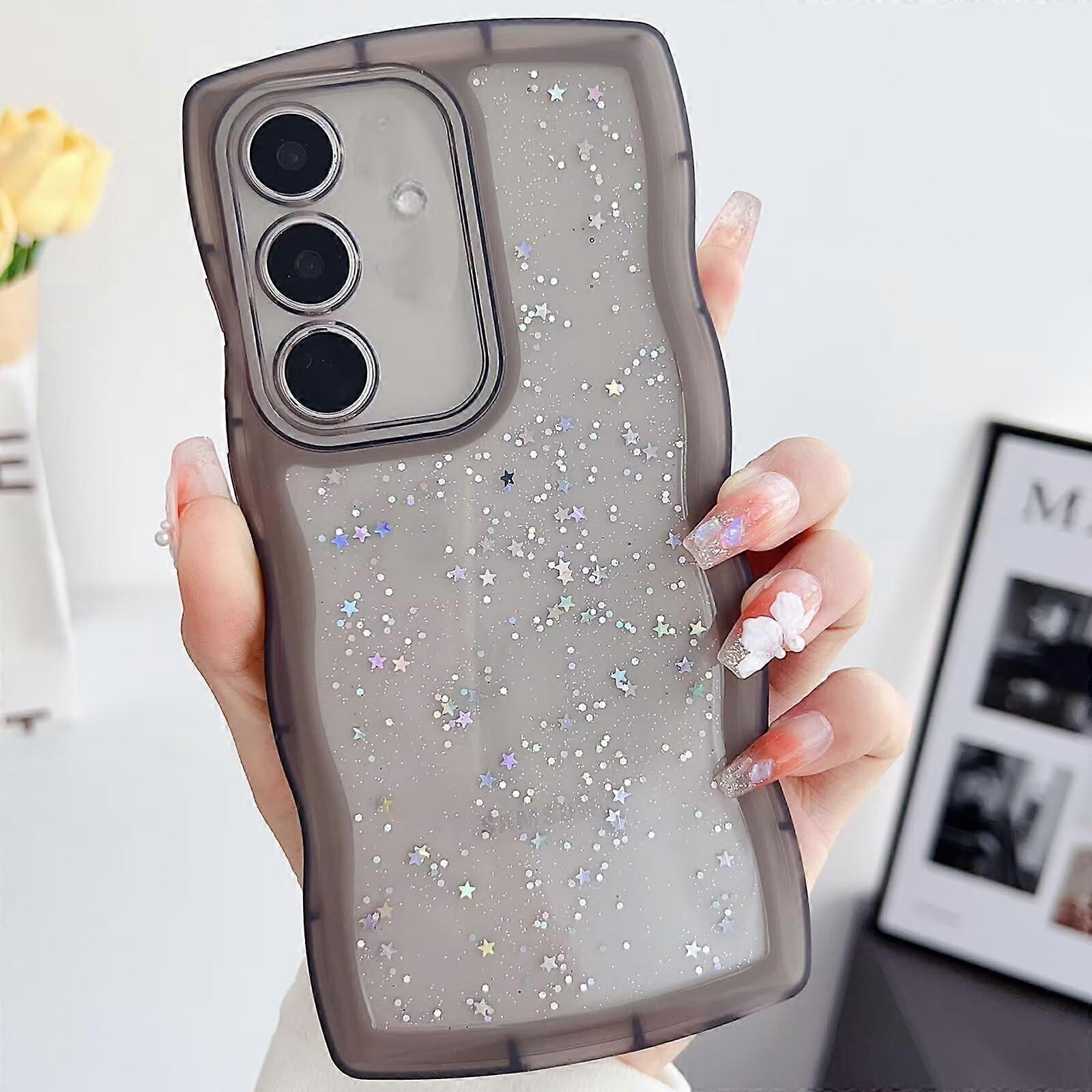 Glitter Case For Samsung Galaxy A71 - Curly Waves Frame, Transparent Bling Star, Soft TPU Shockproof Case, Black