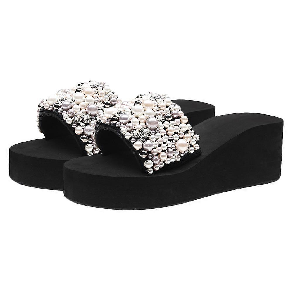 Pantofole con zeppa estive chic per le donne - Elegante design slip-on con suola spessa, comode calzature da spiaggia con dettaglio perlato in bianco e nero
