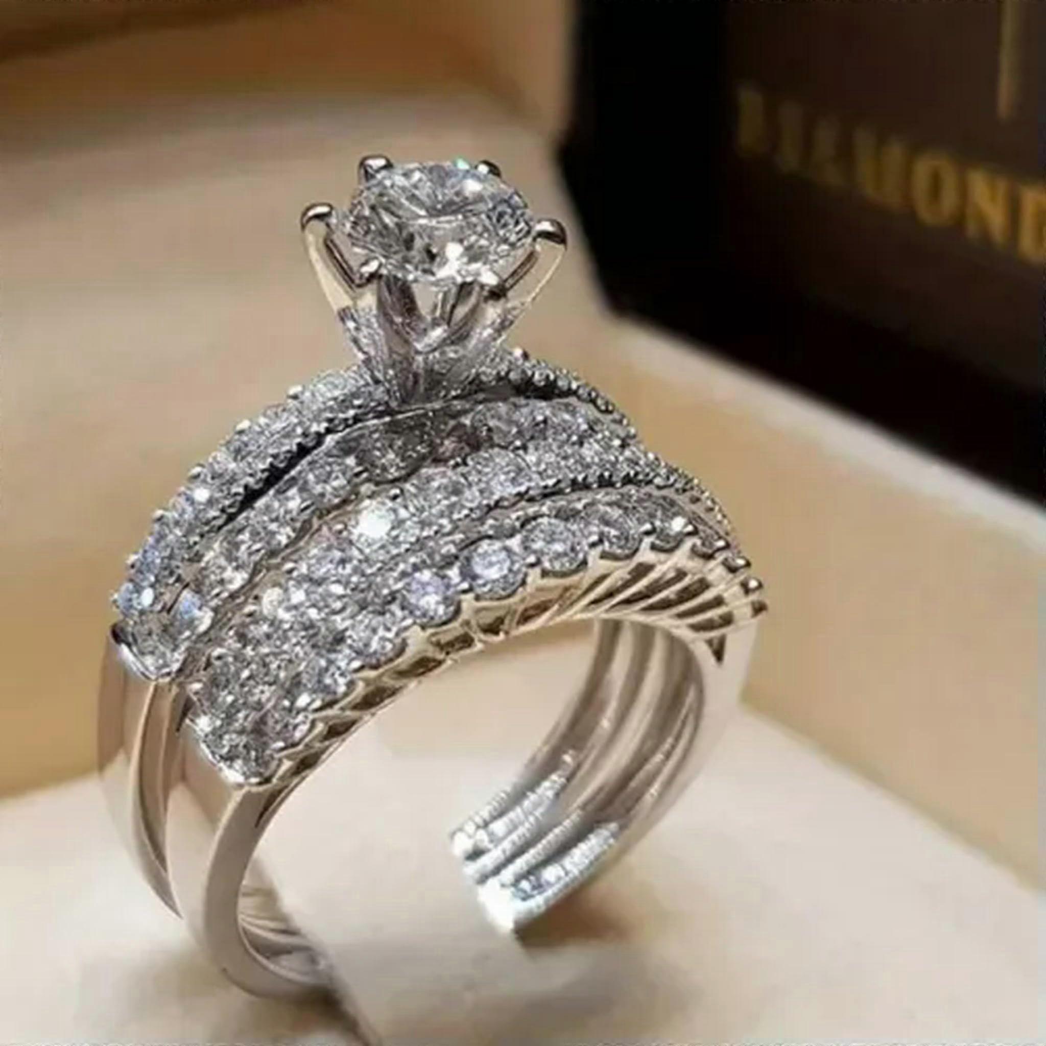 Bridal Wedding Rings Set 18K Gold-Plated Six-Prong Setting Cubic Zirconia Size 6
