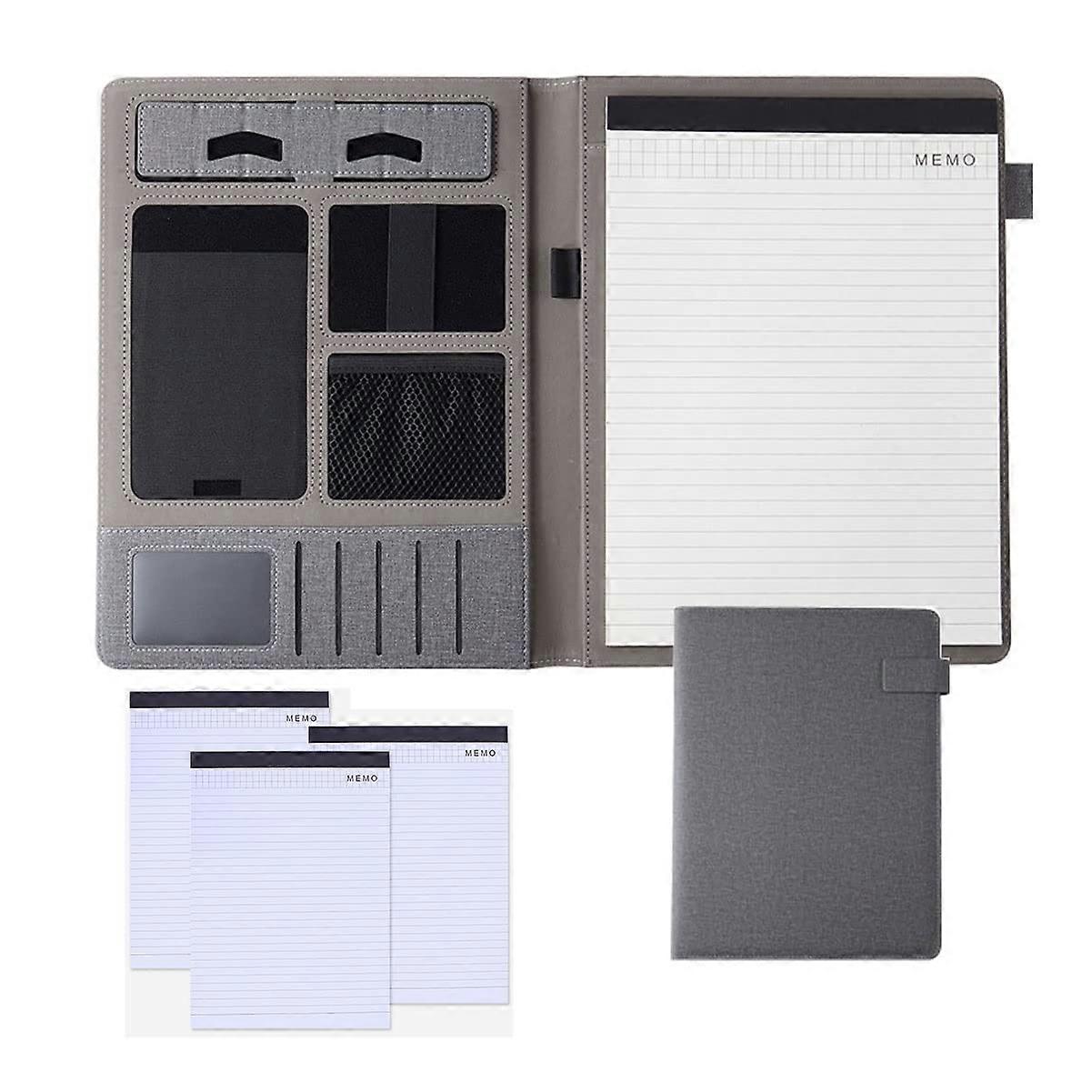 A4 Conference Folder Business Document Organizer with 4 Replacement Notepads 25 Sheets Gray for Men and Women