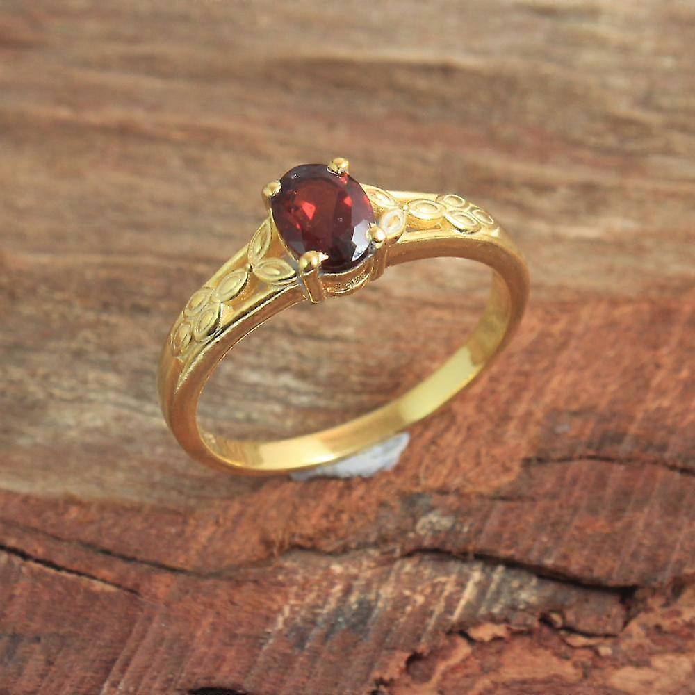 Garnet Gemstone Yellow Gold Plating Ring 100% 925 Sterling Silver Handmade Jewelry