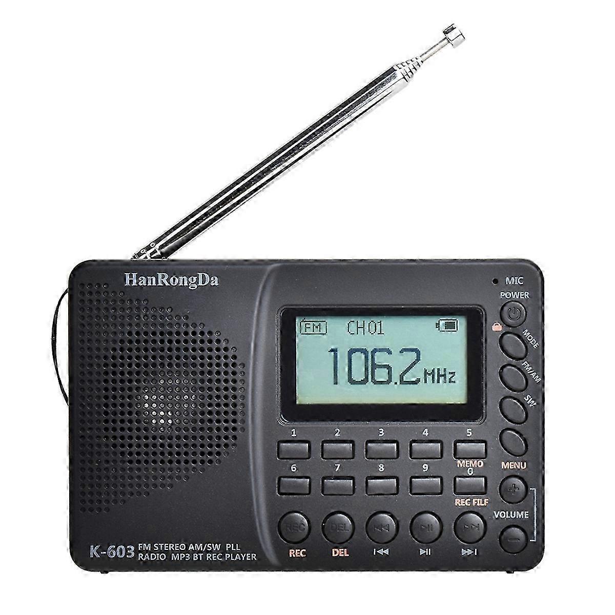 K-603 Bluetooth-Karten-MP3-Player mit Vollband-Radio, hintergrundbeleuchtetem LCD-Display und Sleep-Timer für ältere Menschen