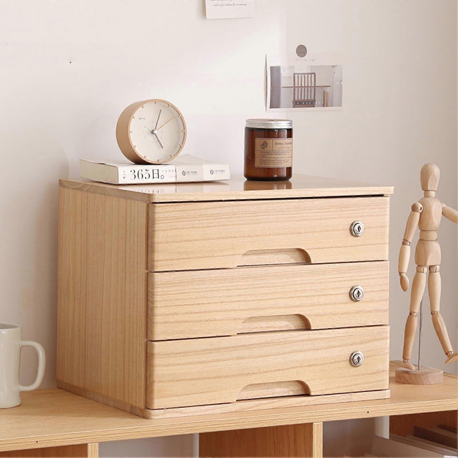 Desktop Storage Box With Lockable Drawers - Wooden A4 File Organizer Cabinet, 3-Drawer Office Supplies Storage Solution