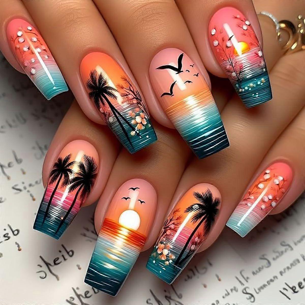 24Pcs Coconut Tree Press on Nails Medium Square Coffin Fake Nails with Seagull