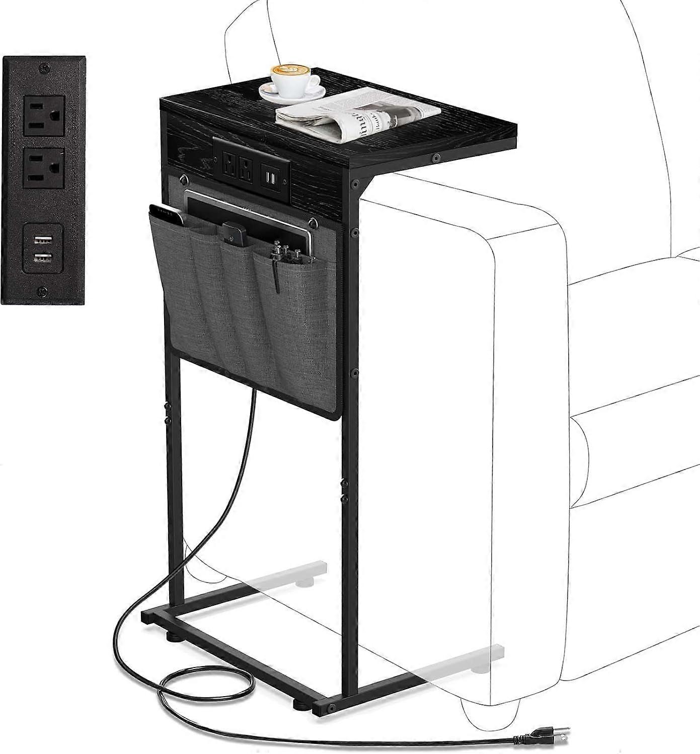 C-Shaped End Table with Charging Station, USB Ports & Power Outlet, Sturdy Sofa Side Table with Storage Bag & Metal Frame, Ebonized Oak