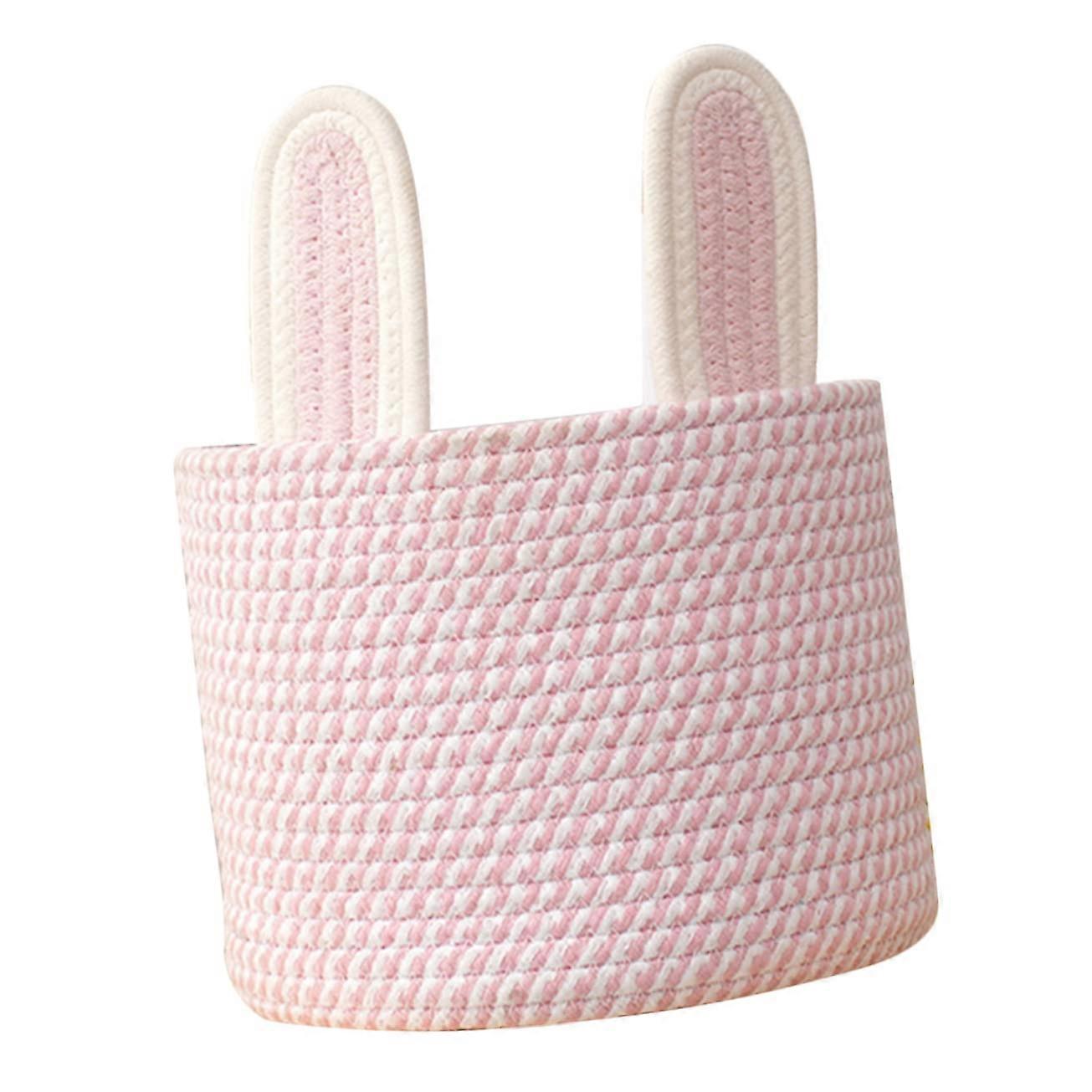 Cotton Rope Woven Basket Organizer Pink Rabbit Ear Design Desktop Sundries Bin No Lid For Home And Nursery Decor