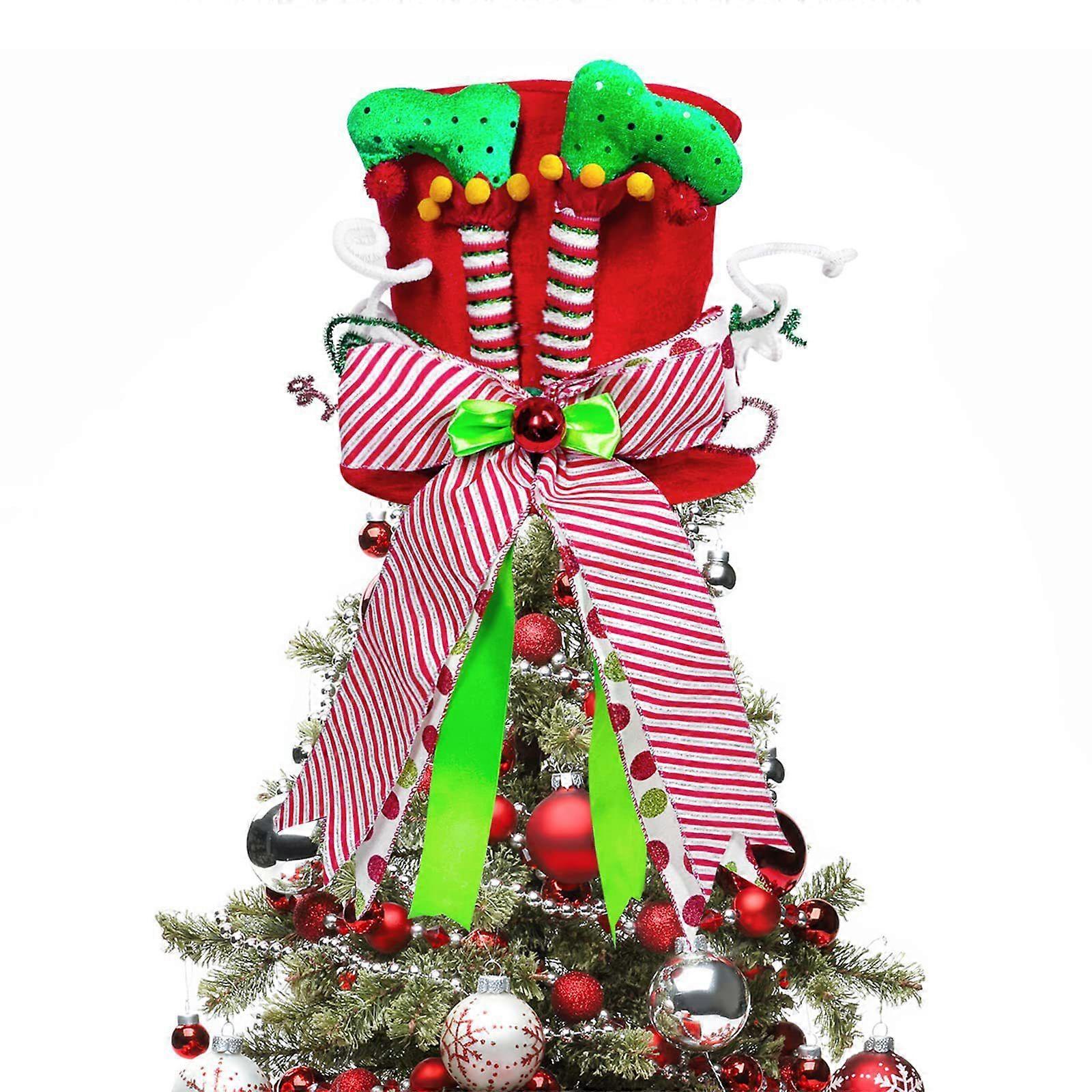 Christmas Tree Topper Hat with Witch Legs & Bow - Compressible Foldable Tree Topper Star