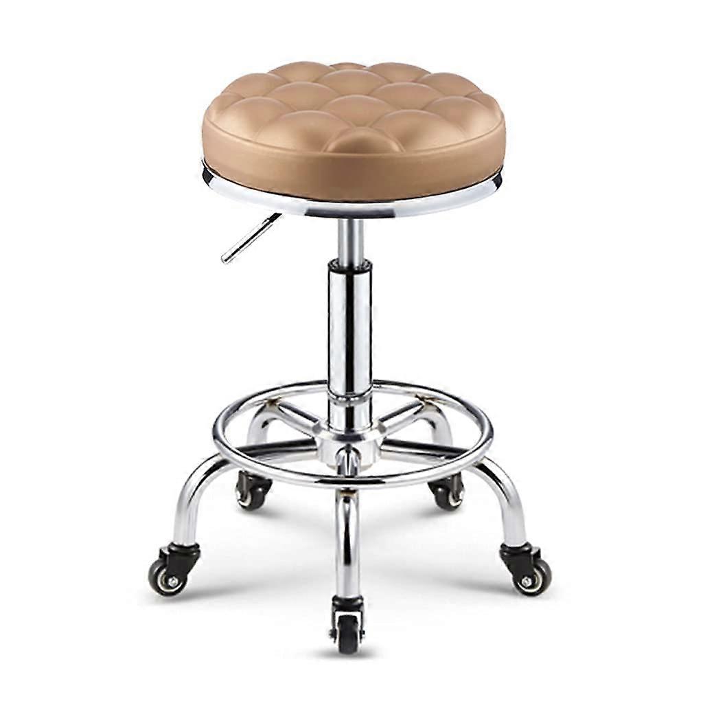 Leather Round Rolling Stool Height Adjustable Soft Thick Seat Padding 12.9 Inch Beige Office Spa Tattoo Work Stool