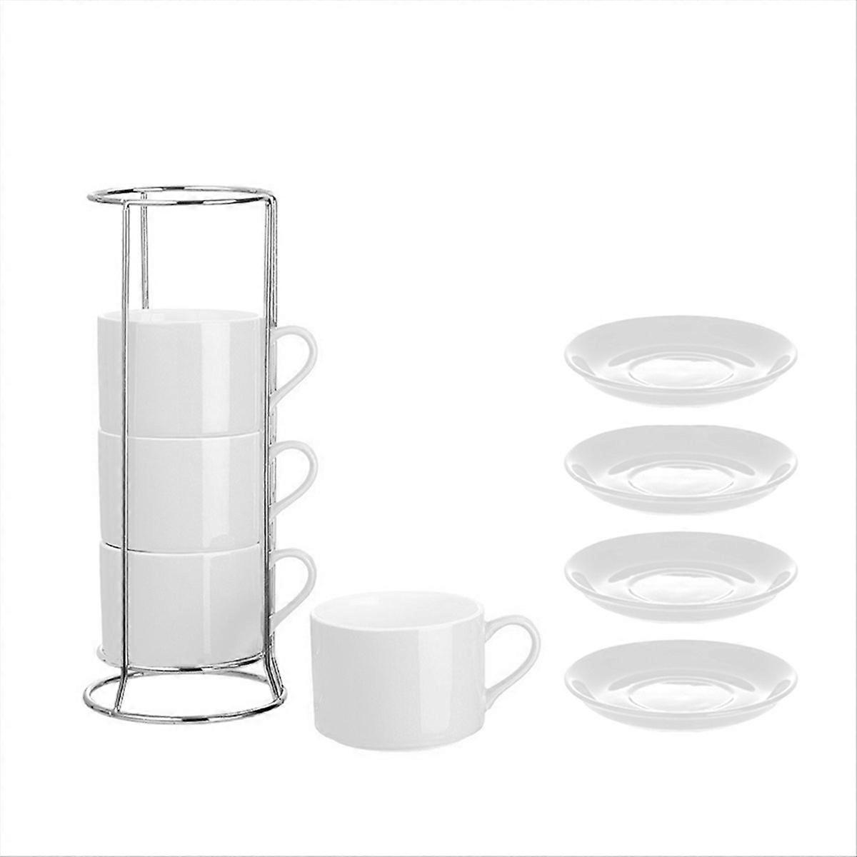 Porcelain Stackable Cappuccino Cups with Saucers and Metal Stand, D