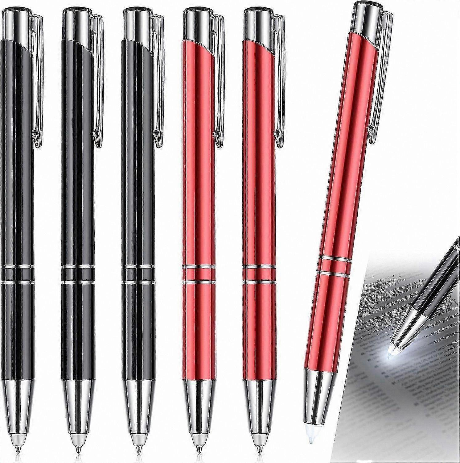 6-Pack Illuminated Writing Pens with LED Tips for Night Use (Red and Black)