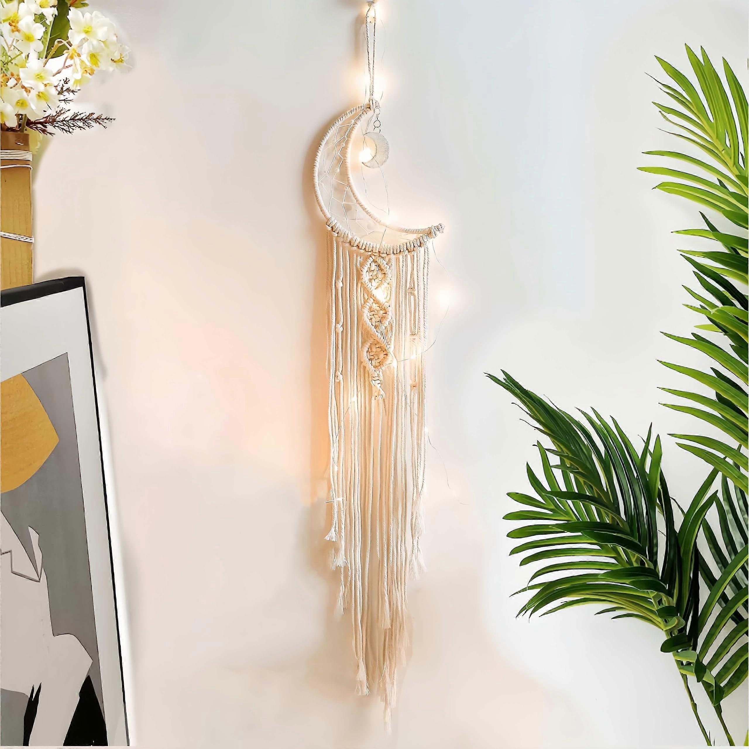 Dream Catcher With LED String Lights, Handmade Boho Macrame Wall Hanging, Photo Clips Display, Moon