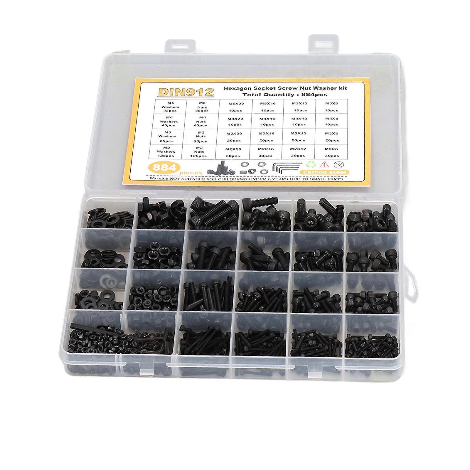 884PCS Screw Washer Nut Assortment Kit Hex Socket Head Cap Carbon Steel Screw Assembly Kit M2 M3 M4 M5