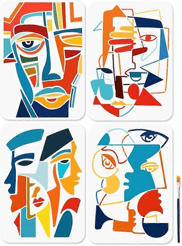 4Pcs A4 Size Abstract Faces Paterrn Stencil Grotesque Geometric Face Art Stencils 11.78.3inch with Paint Brush Reusable Crafts Templates for Window Wo