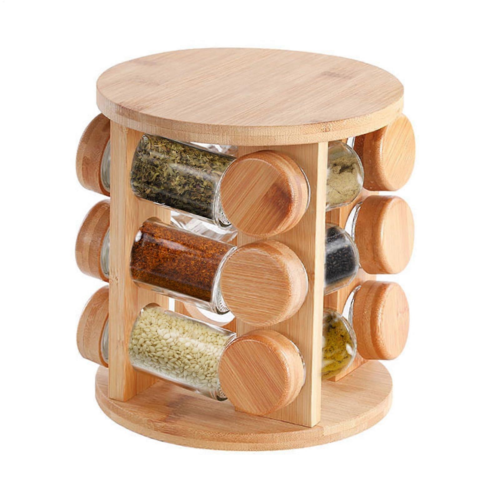 Seasoning Rack with 360° Rotating Wooden Design, SpaceSaving Spice Organizer for Kitchen Countertop
