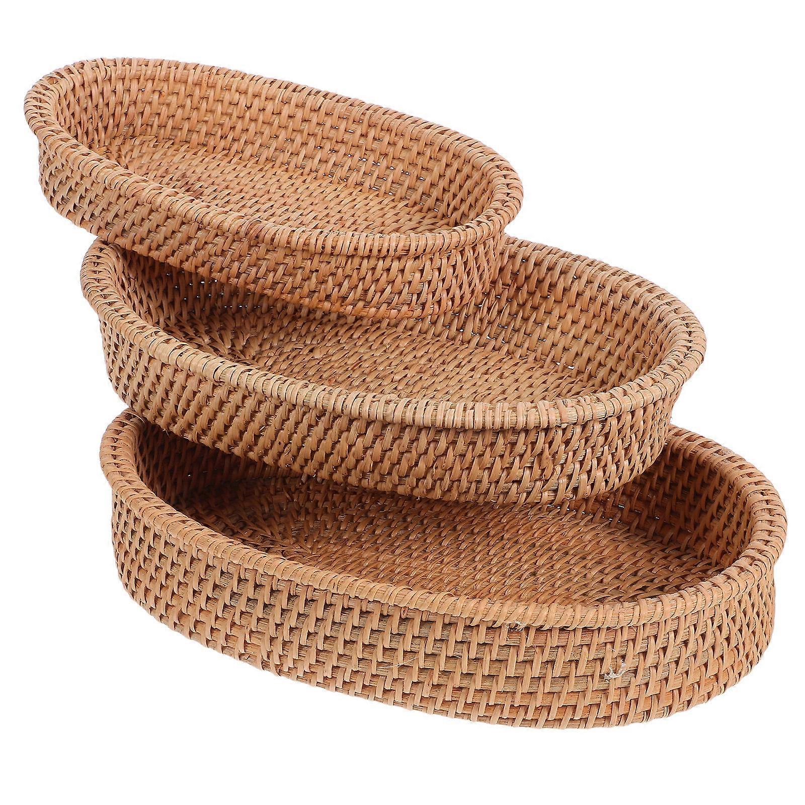 Oval Rattan Snack Tray for Storage 3Pcs Handwoven Bread Serving Baskets