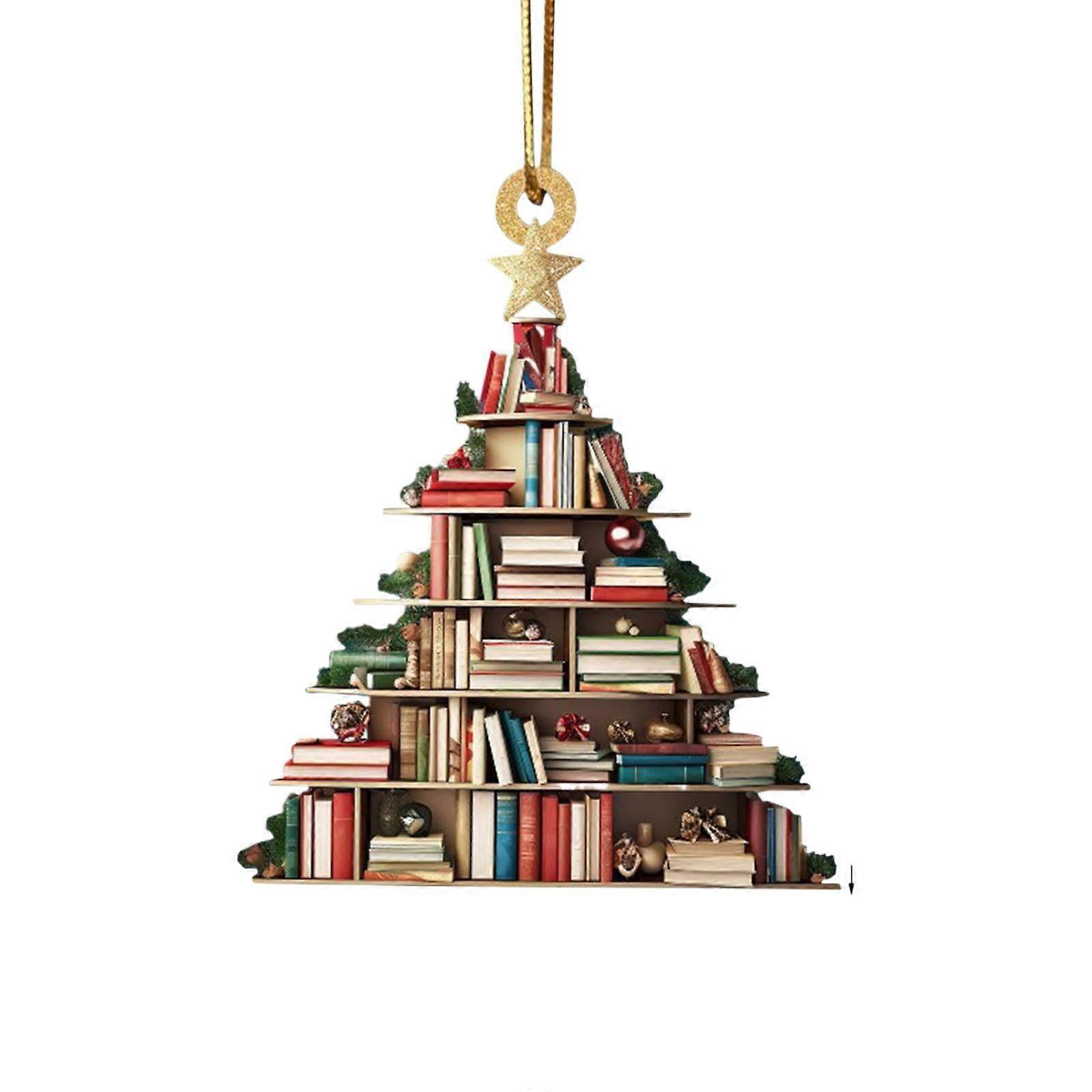 ELEVENTIME Christmas Tree Shape Bookshelf Pendant, Books Stacked Ornament, Library Decor, Compatible with Bookworm Gifts