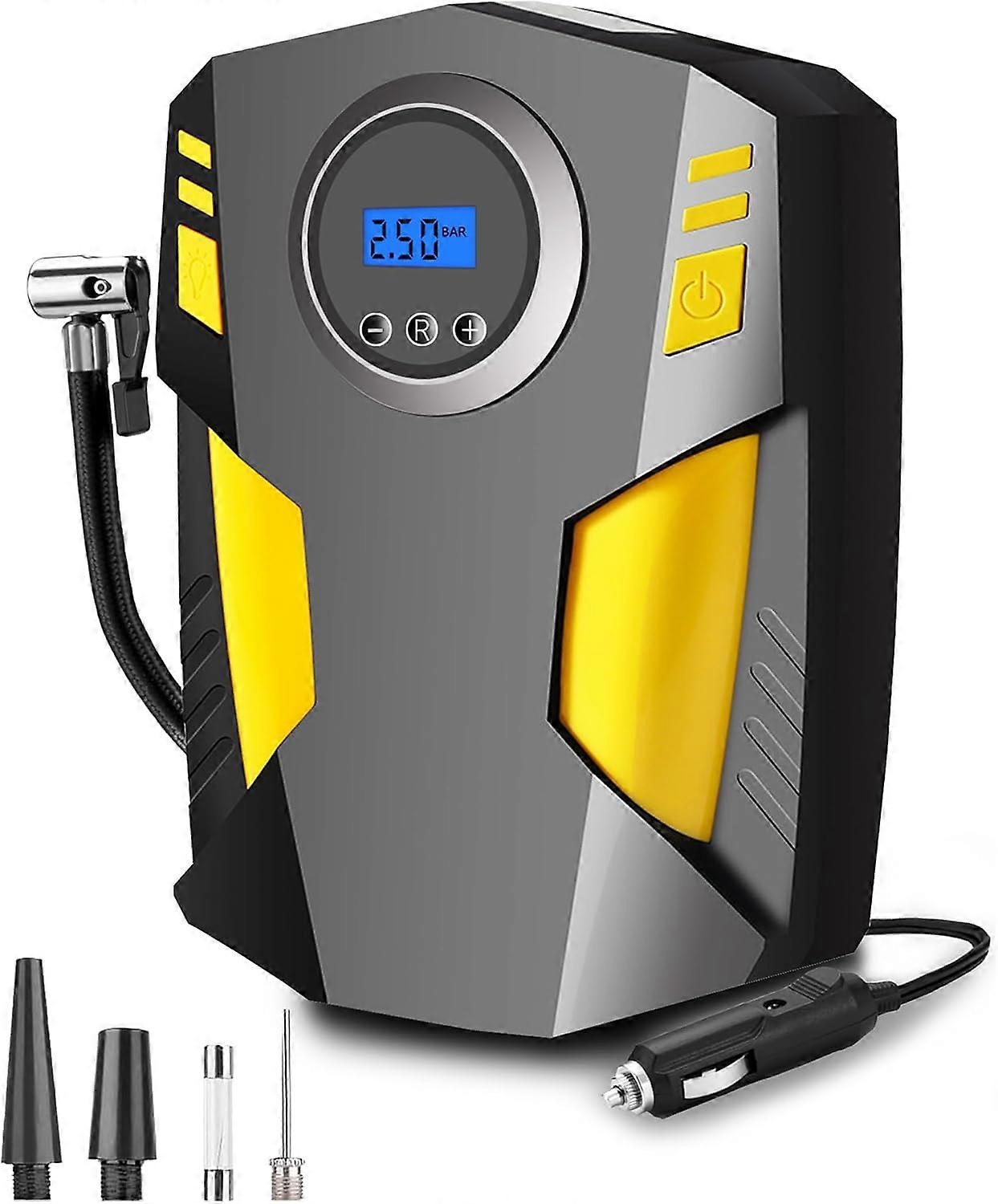 Digital Tyre Inflator, Portable Air Compressor Car Tyre Pump with 3 Nozzle Adaptors and LED Light