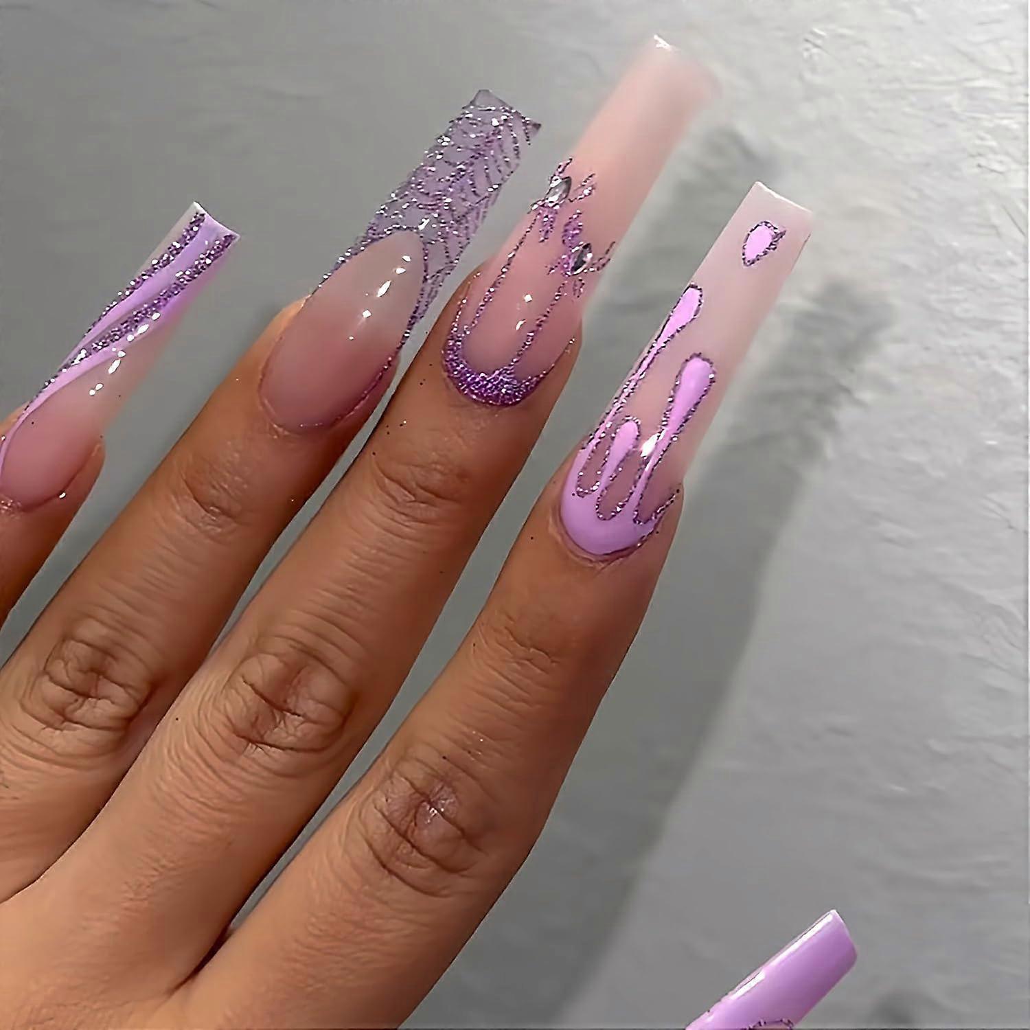 Extra Long Coffin Press On Nails Purple Spider Web Halloween Design with Rhinestones Reusable 12 Sizes