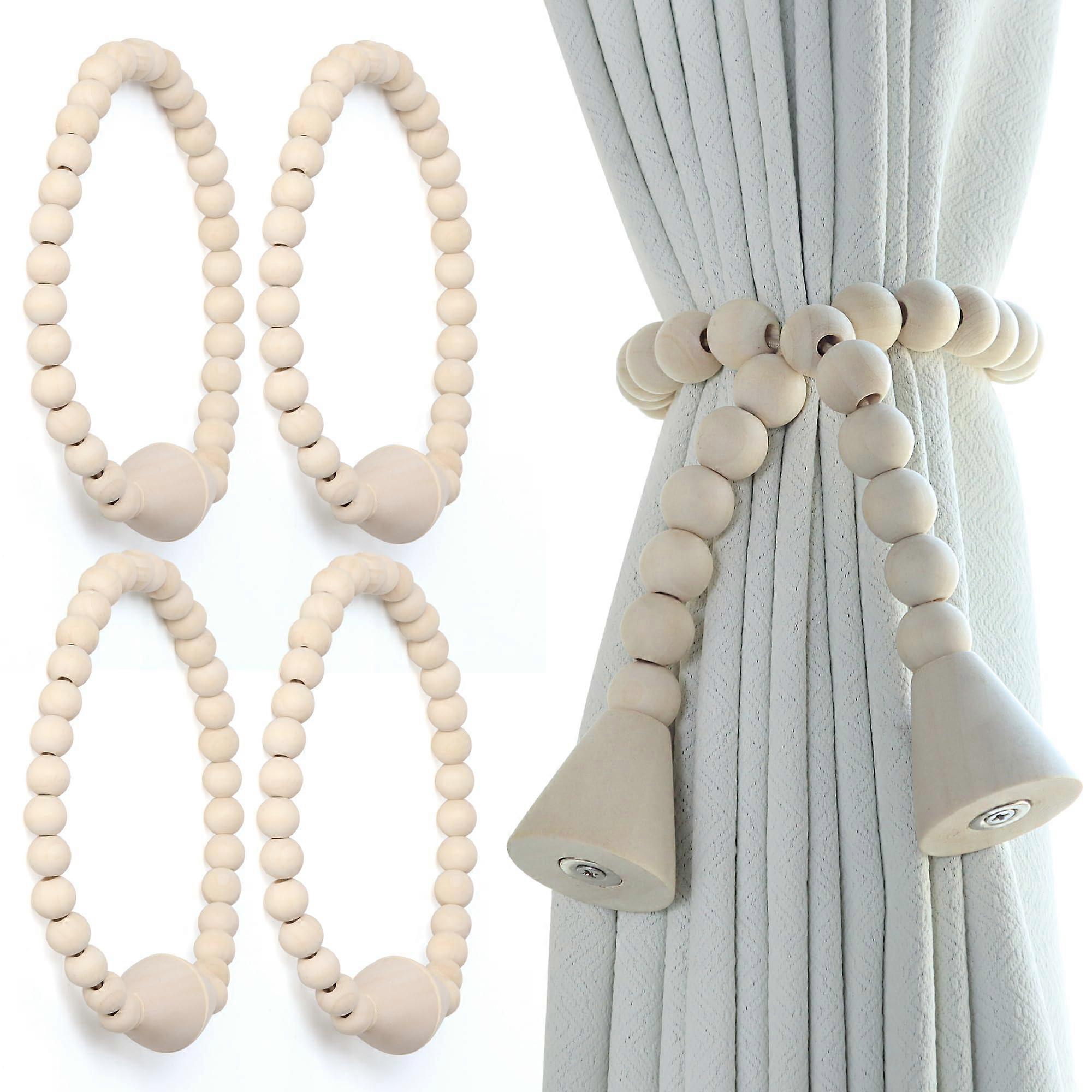 Set of 4 Boho Magnetic Curtain Tiebacks with Wood Beads, Adjustable NoDrill Holdbacks for Home Decor