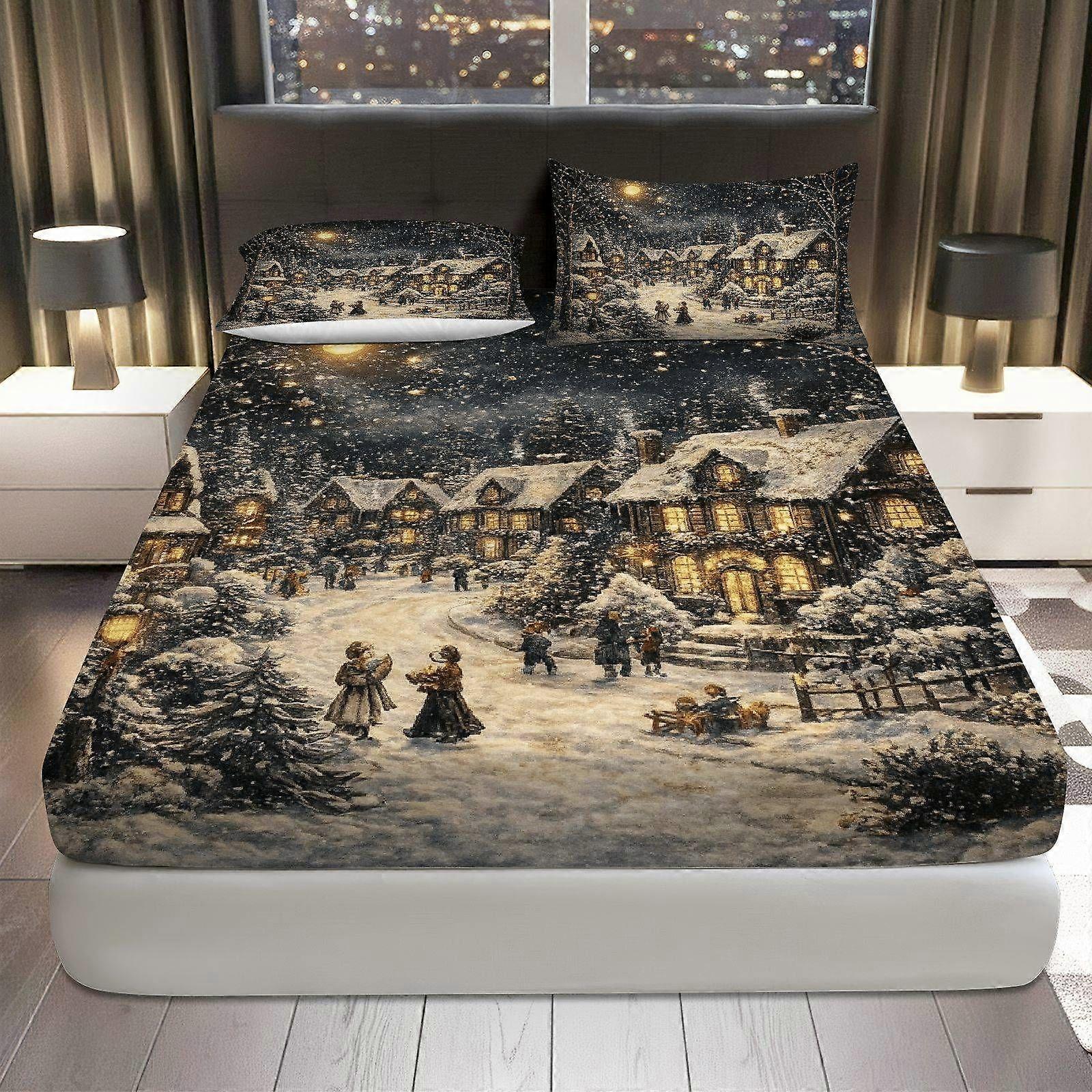 3pcs Winter Snow Village Christmas Fitted Sheet Set  Coreless Polyester