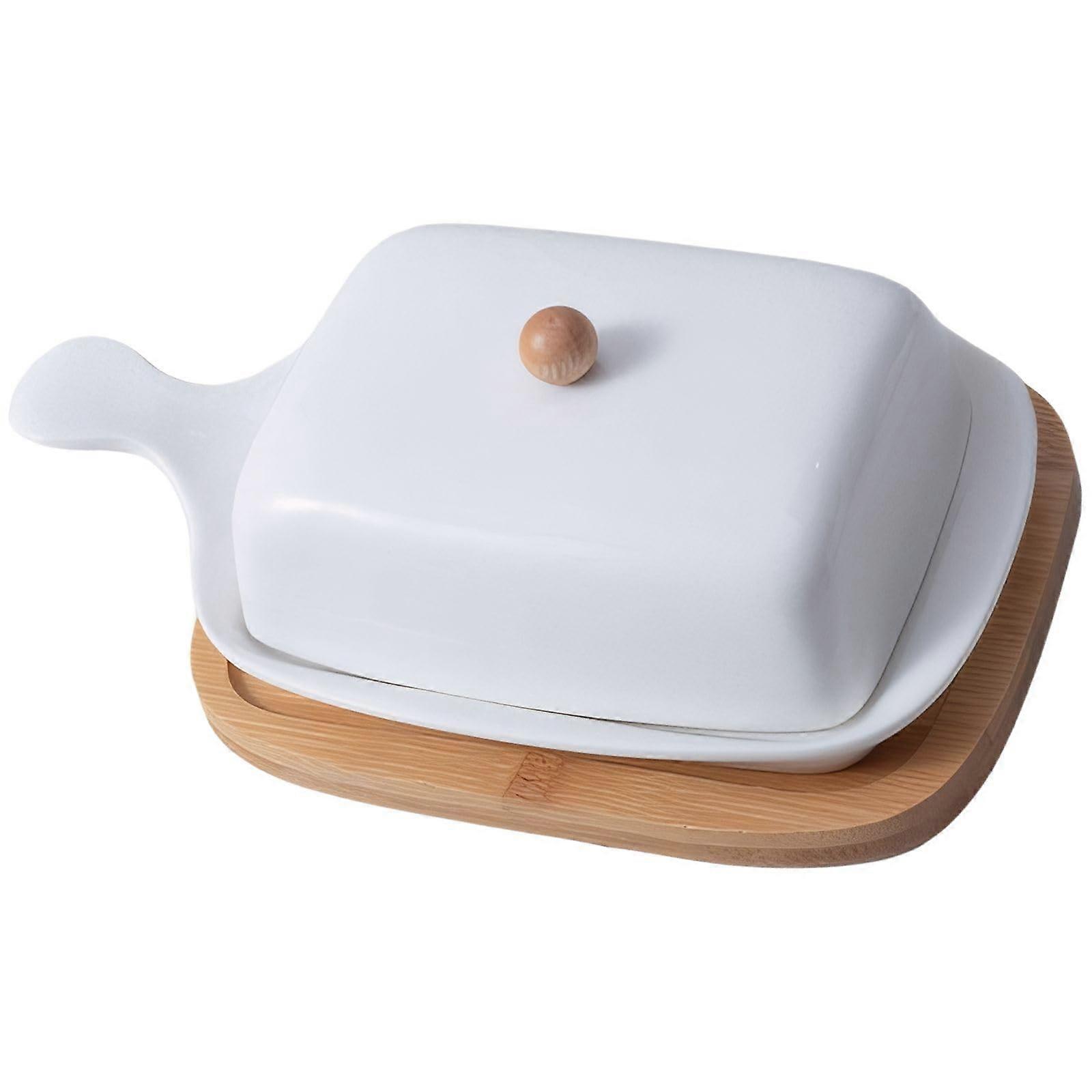 Ceramic Butter Dish with Solid Wood Base, Modern White Butter Keeper for Kitchen Storage
