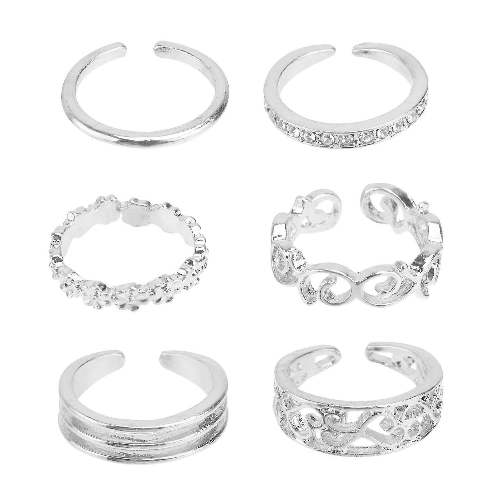 1 Set/6PCS Delicate Ring Decor Rhinestone Inlaid Hollow-out Ring Toe Ring