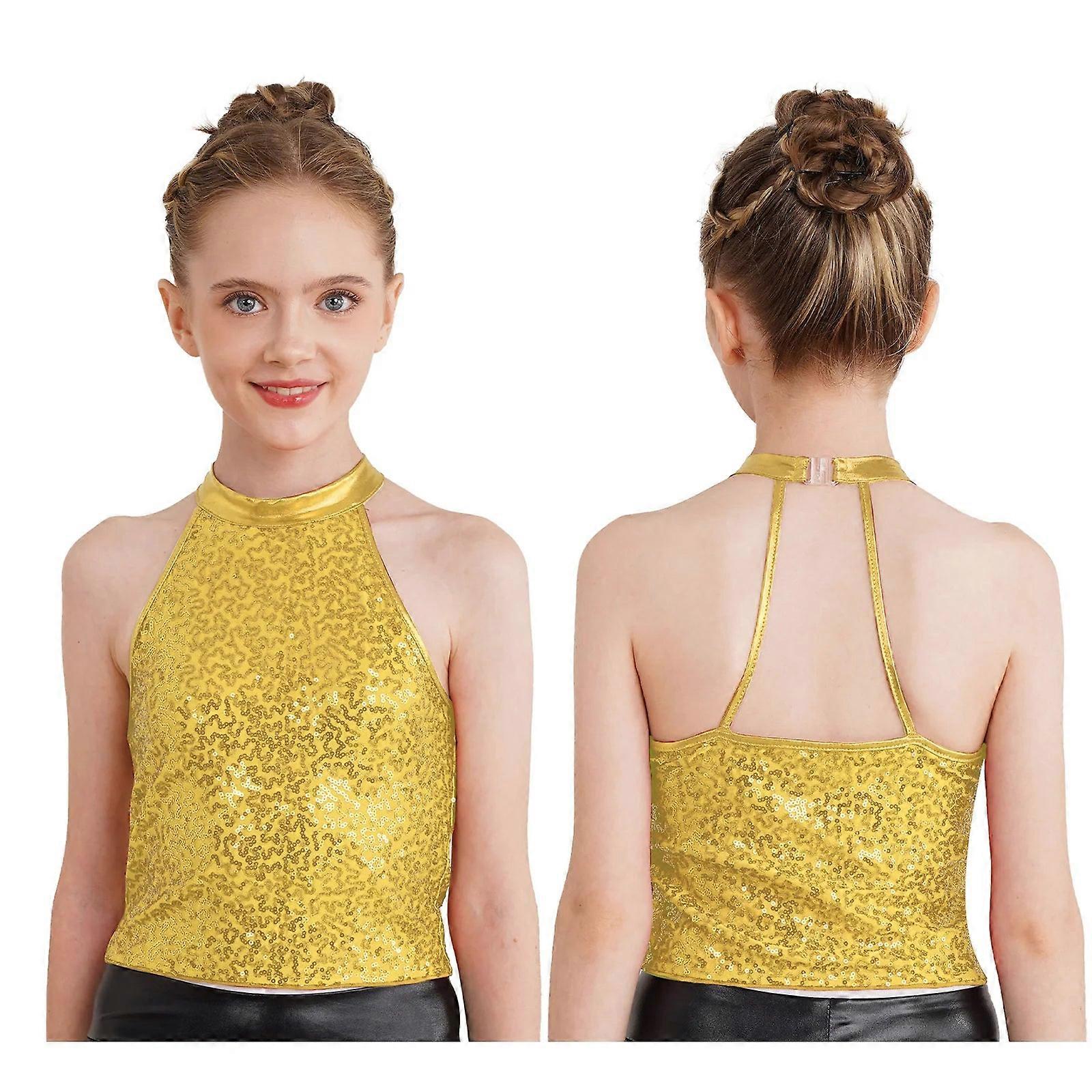 Kids Sequin Halter Crop Top Sleeveless Jazz Dance Costume Gymnastics