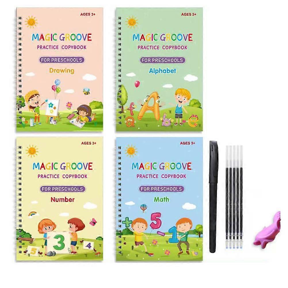 4PCS Magic Practice Copybook Set for Kids, Reusable Handwriting Workbook with Pen and Refills
