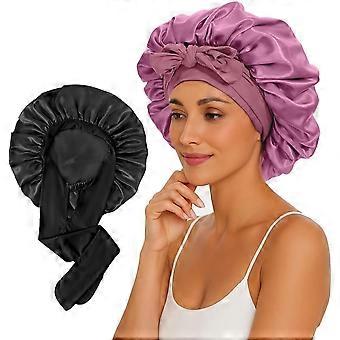 2 große Schlafhauben aus Satinseide für Damen, verstellbares Bindeband, für alle Haartypen geeignet