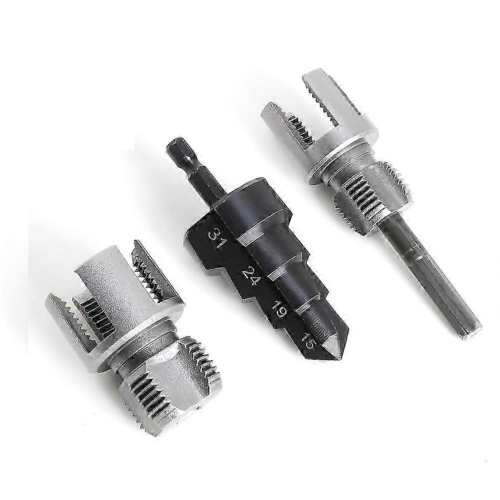 3Pcs PVC Pipe Threading Tool Kit, Includes 1/2" & 3/4" Internal/External Thread Cutters, Reamer and Step Drill Bit