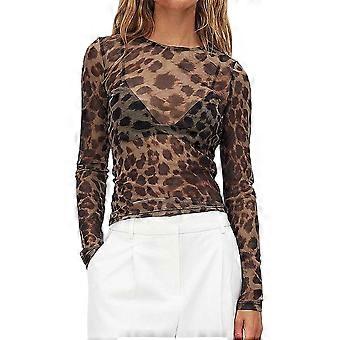 Transparentes Mesh-Langarmtop für Damen, Stehkragen, Spitzen-T-Shirt, durchsichtige Bluse mit Leopardenmuster und Blumenmuster, Größe XL