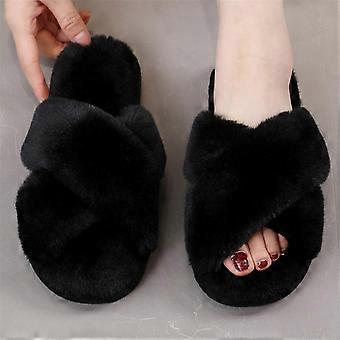 Ladies Girls Fluffy Slippers Womens Faux Fur Open Toe Cross Over Mules Shoes for Women