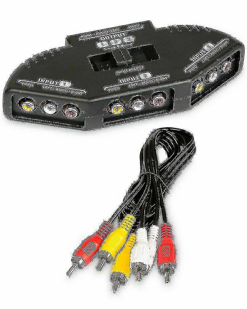 Black 3 Port Av Composite Rca Selector Box Switch Splitter W/ Cable Cord Plug