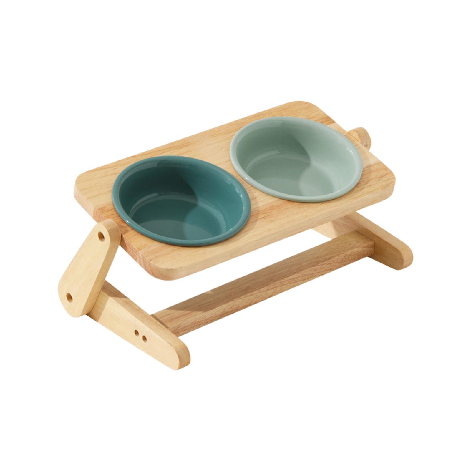 Elevated Ceramic Cat Double Bowls With Bamboo Stand
