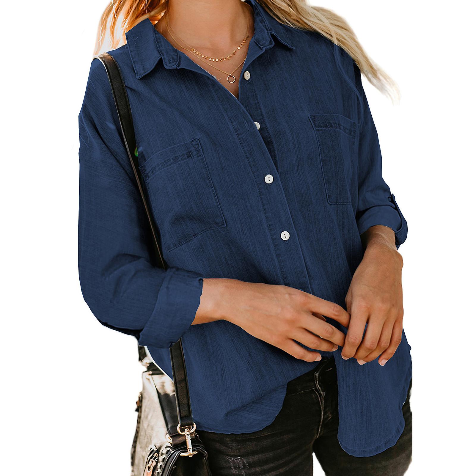 Camicie da donna in denim button down con scollo a V con tasche