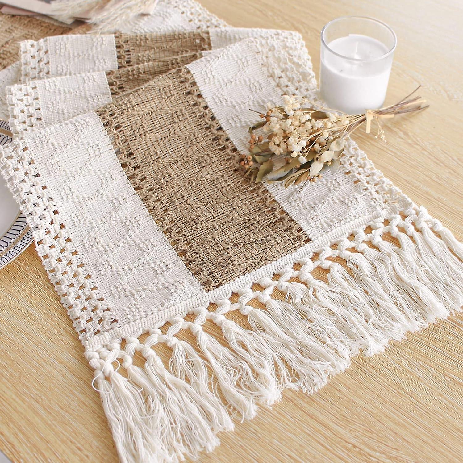 Boho Table Runner for Home Decor 72 Inches Long Farmhouse Rustic Table Runner Cream & Brown Macrame Table Runner