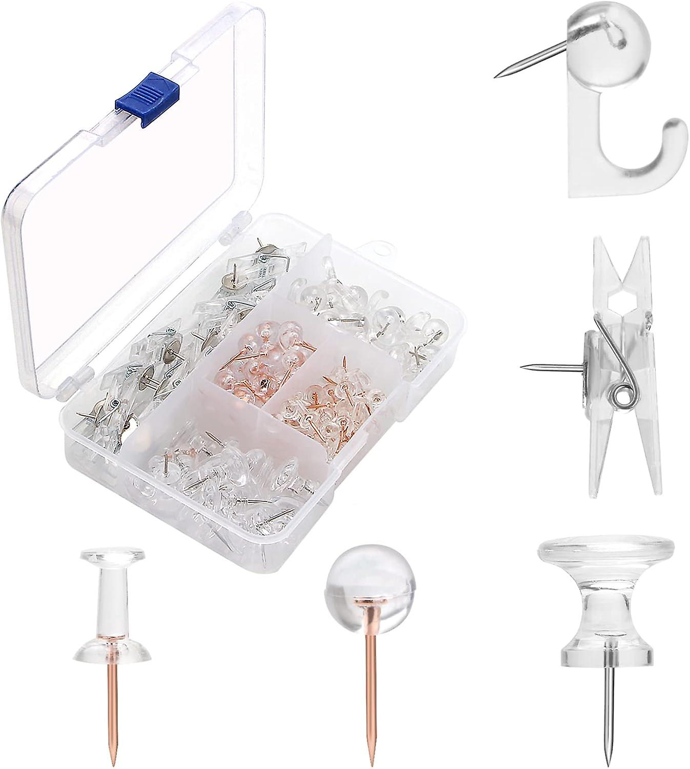 Clear Push Pins Set, 5 Styles 125-count Thumb Tacks Map Pins, Steel Point and Clear Plastic Head Pushpins Transparent Thumbtacks