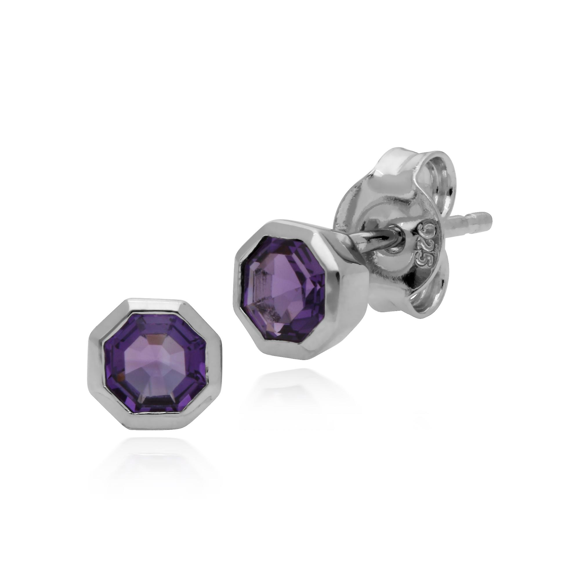 Geometric Octagon Amethyst Bezel Set Stud Earrings in 925 Sterling Silver 270E025001925