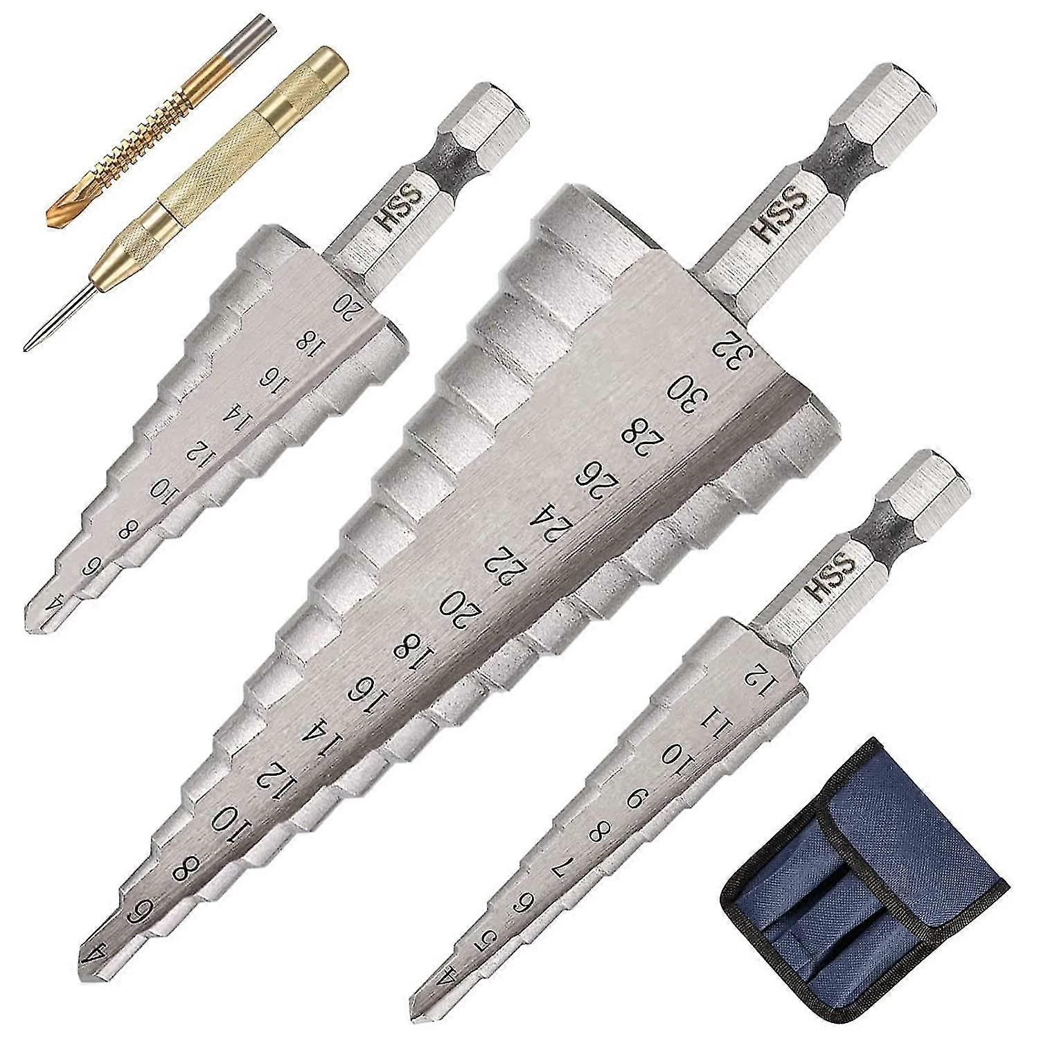 Step Drill Bit,3pcs(4-12/20/32mm)double Slotted Tapered Bit With Hss Titanium Coating,hexagon Shank