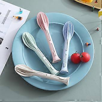 Reusable Utensils Set, 4 Set Wheat Straw Portable Cutlery Set 3 in 1 Knife Spoon Fork Set BPA-Free and Eco-Friendly