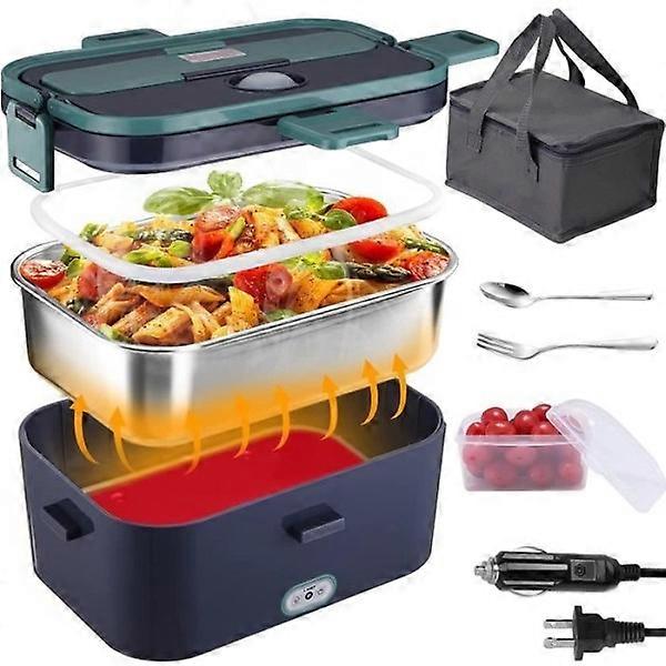 60W Heated Lunch Box 1.6L Lunch Box 12V/24V/220V Electric Heated Lunch Box with Spoon and Two Compartments