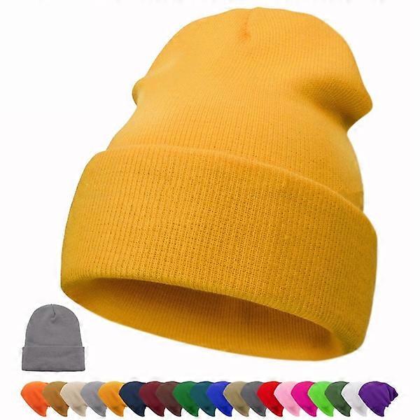 ZK-Knitted Beanie Solid Winter Warm Cuff Hat Lazy Skeleton Ski Warm Men Women, Yellow