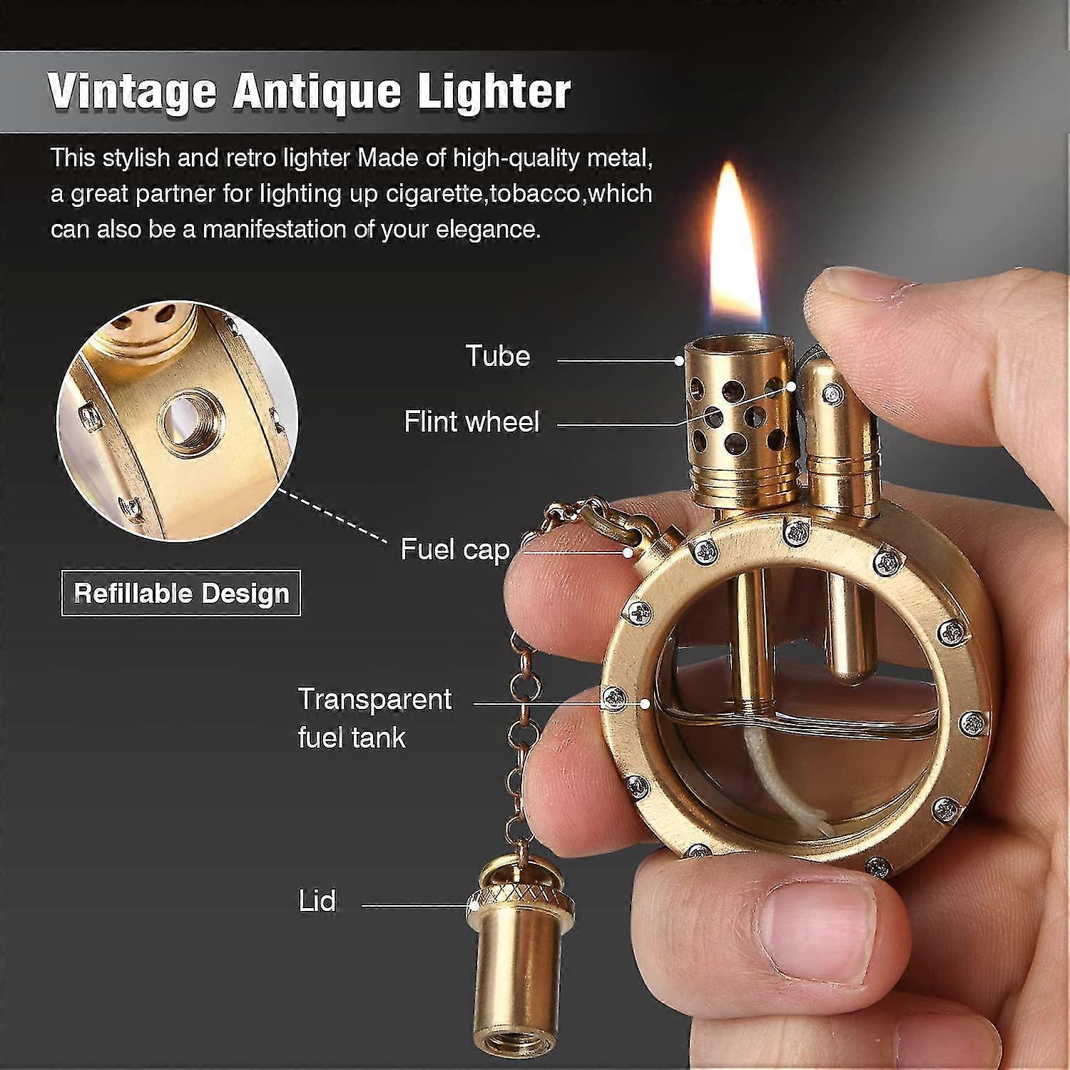 Accendino A Ruota Vintage In Ottone, Antivento, Ricaricabile - Design Da Trincea - Argento, 65x30x10 Mm - Regalo Uomo
